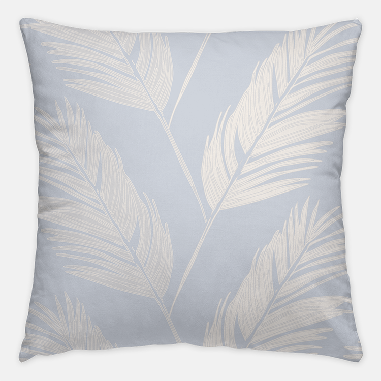 Breezy Tropical Palm Tree Striped Pillow in Classic Sky Blue and White. Neutral Coastal Home Decor by Noble Winter, Nashville Tennessee
