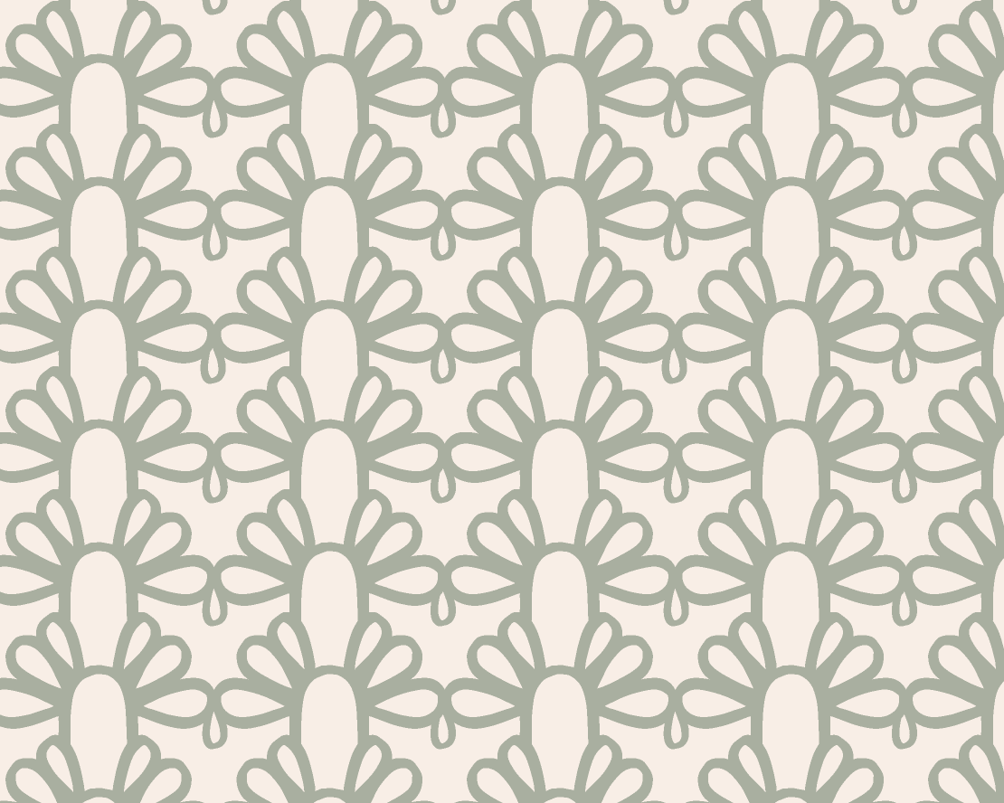 A repeating geometric pattern featuring vertical columns of stylized floral or leaf-like motifs in a muted sage green on a warm off-white background.