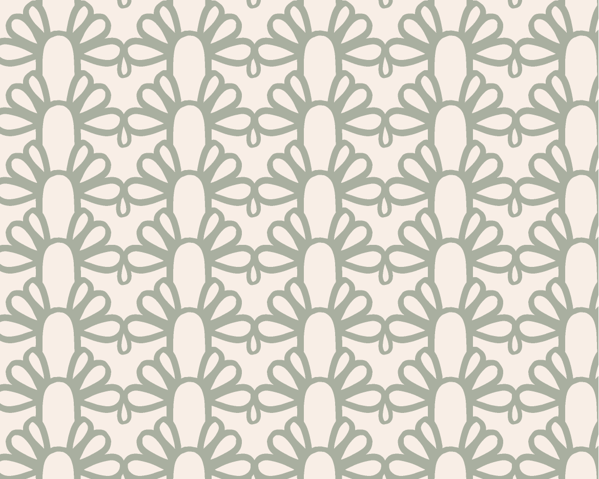 A repeating geometric pattern featuring vertical columns of stylized floral or leaf-like motifs in a muted sage green on a warm off-white background.