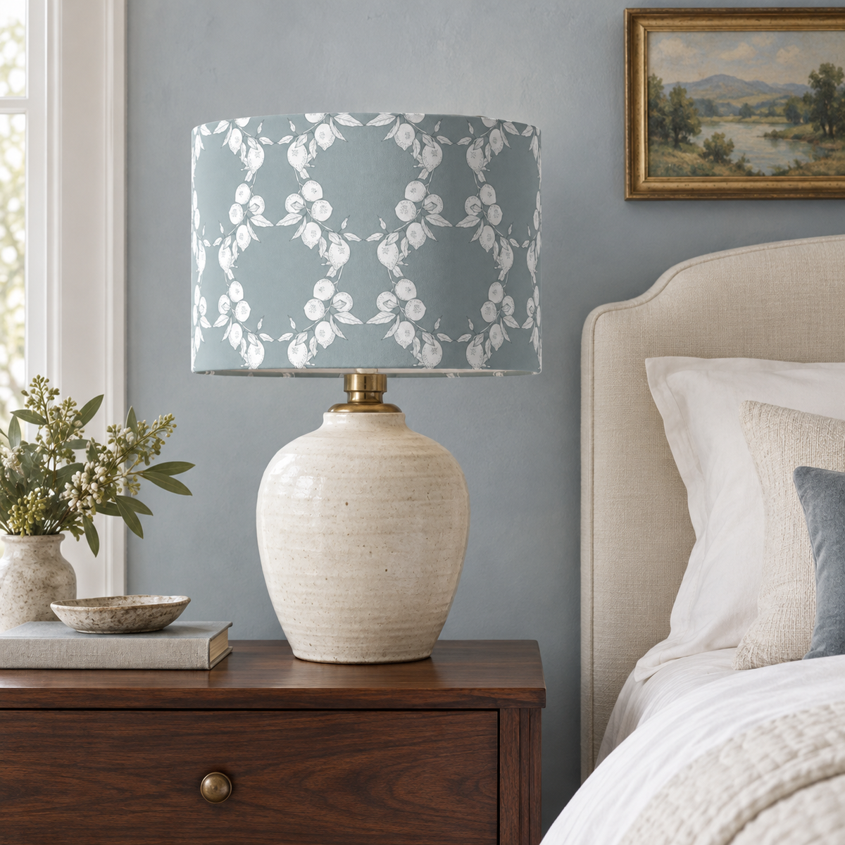 Drum Lampshade in Citron Court Silhouette - Blue Mist