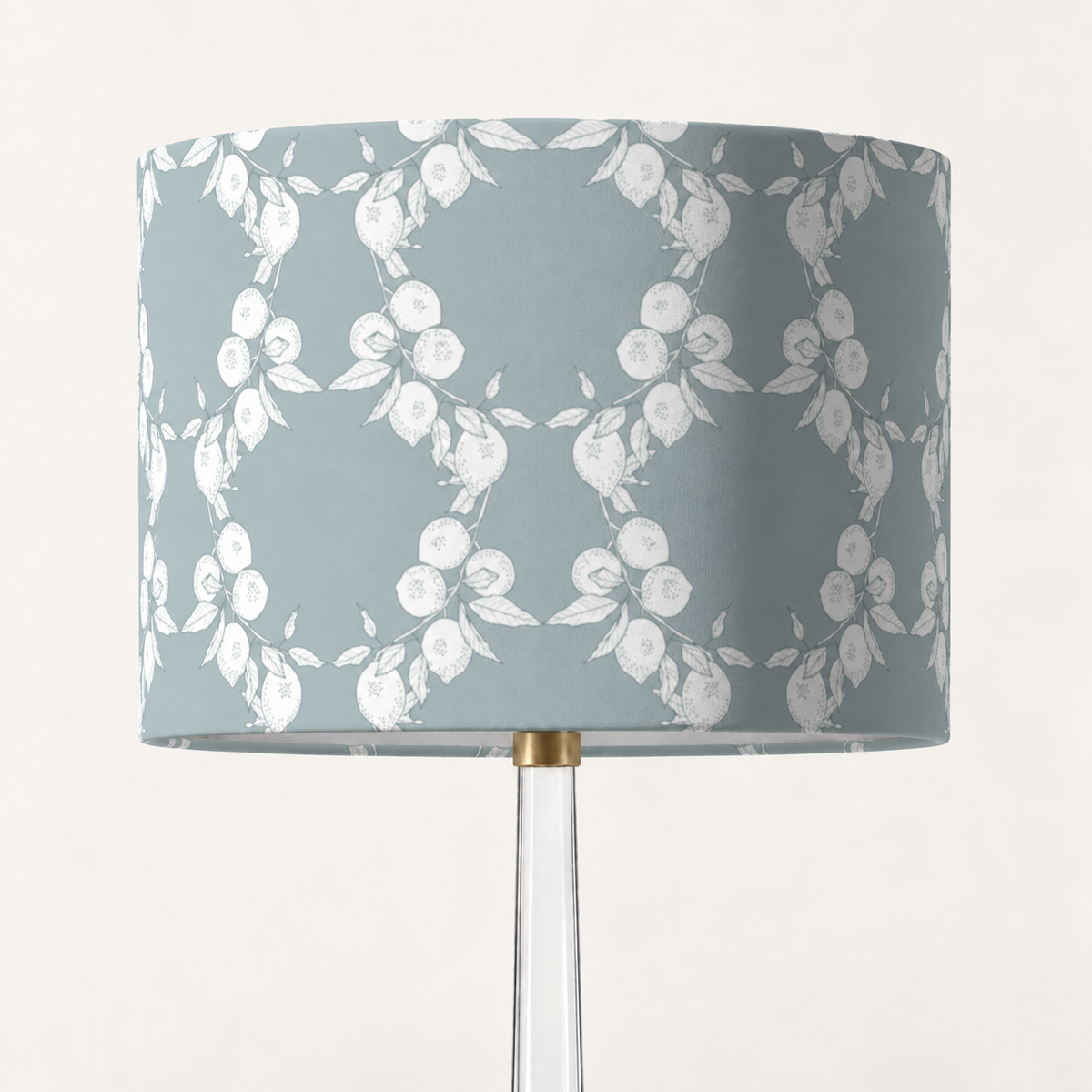 Citron Court Silhouette lampshade in Blue Mist on a clear glass lamp