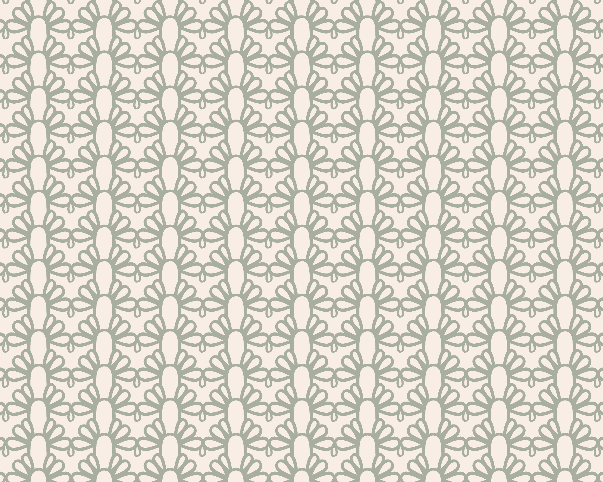 A repeating geometric pattern featuring vertical columns of stylized floral or leaf-like motifs in a muted sage green on a warm off-white background.