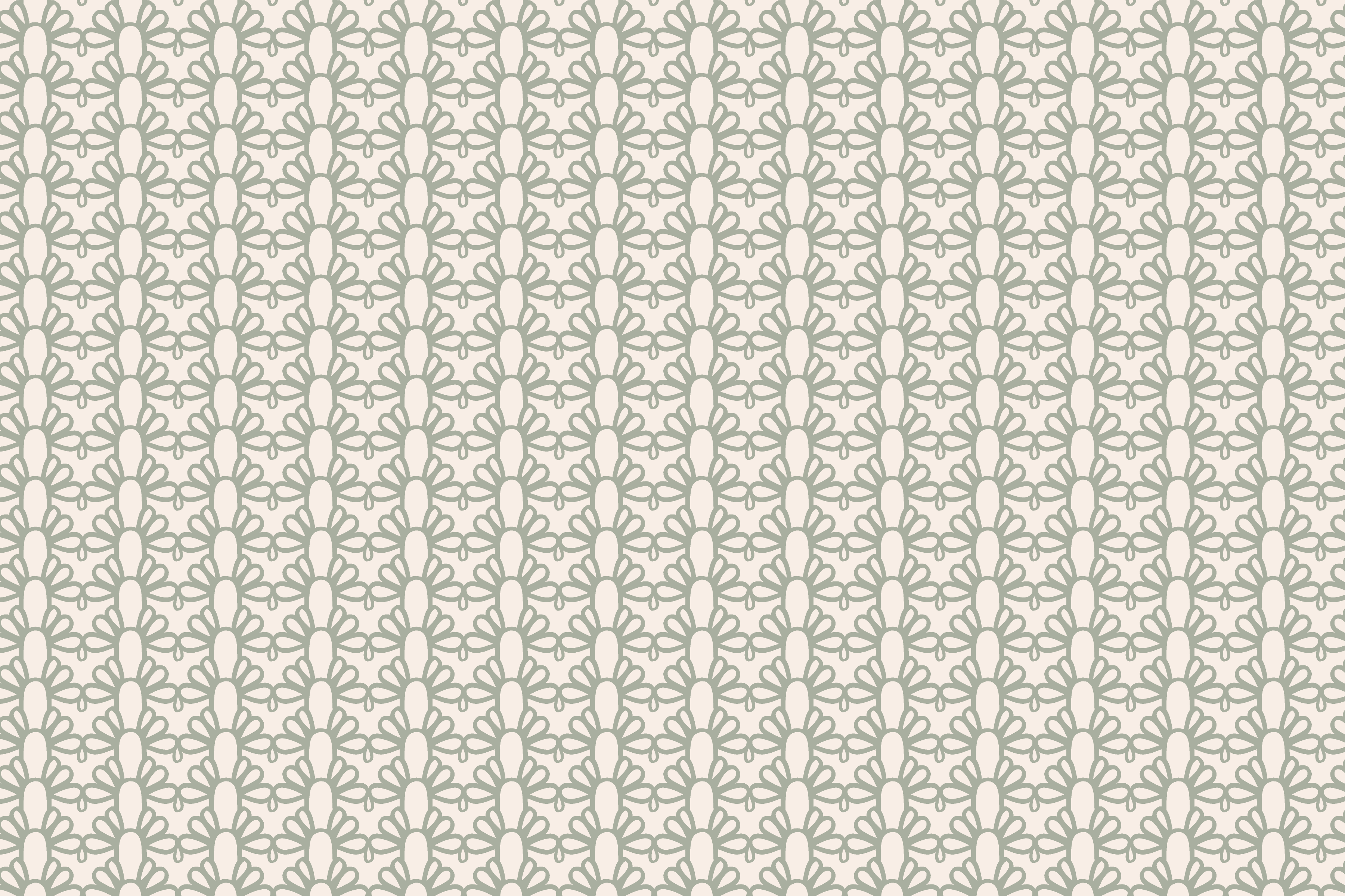 A repeating geometric pattern featuring vertical columns of stylized floral or leaf-like motifs in a muted sage green on a warm off-white background.