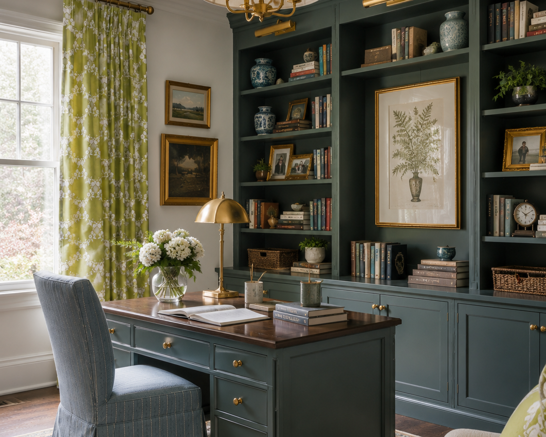 A styled home office interior featuring a dark teal-green writing desk with a wood top, a matching upholstered chair, built-in bookshelves, a window with green patterned curtains, and a patterned area rug.