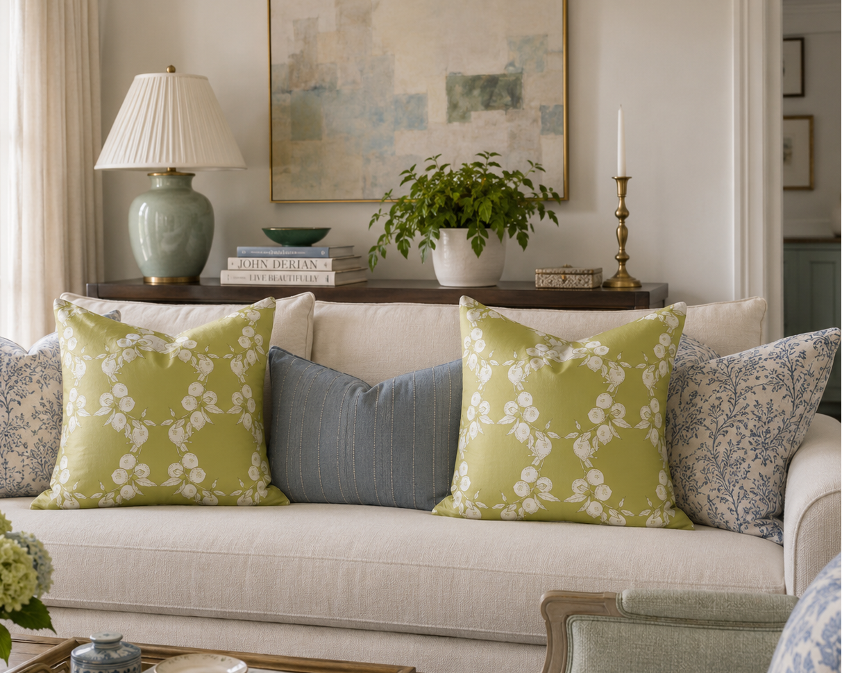 A styled living room scene featuring a cream sofa adorned with decorative throw pillows, including two prominent sage green floral pillows, a dusty blue pillow, and blue-and-white patterned pillows. A matching blue-and-white upholstered armchair is partially visible in the foreground, with a wooden coffee table and a lamp on a console table in the background.