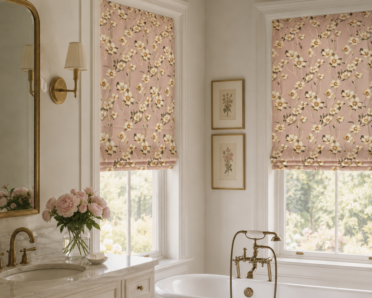 A styled bathroom interior featuring two blush pink roller shades with a delicate yellow and white floral print, hung on windows above a white freestanding tub and vanity.