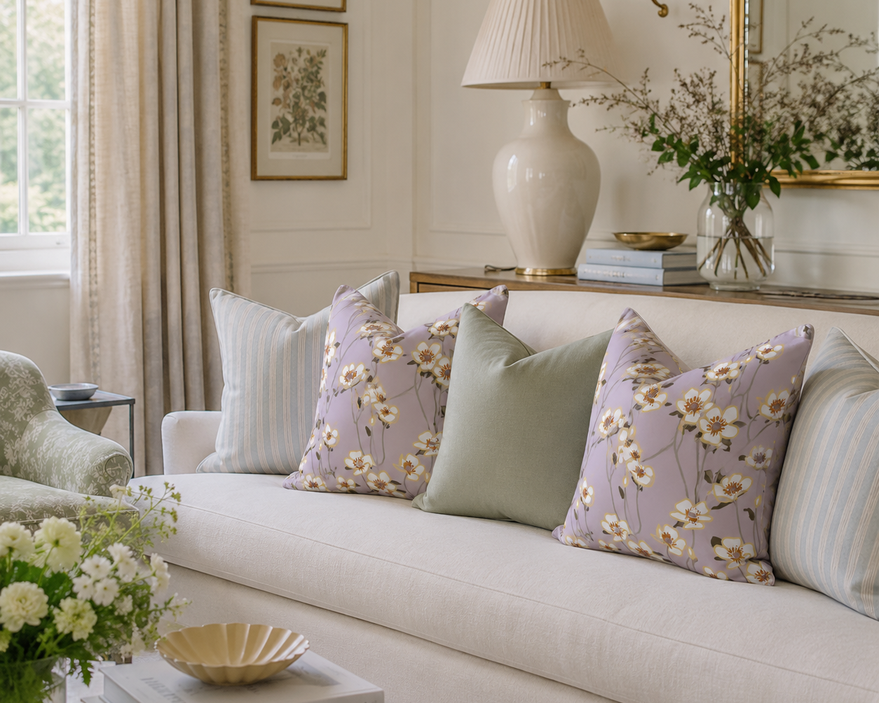A styled living room scene featuring a cream sofa adorned with lavender floral throw pillows, a sage green pillow, and striped pillows, set in a bright, elegant interior with a table lamp, books, and framed art.