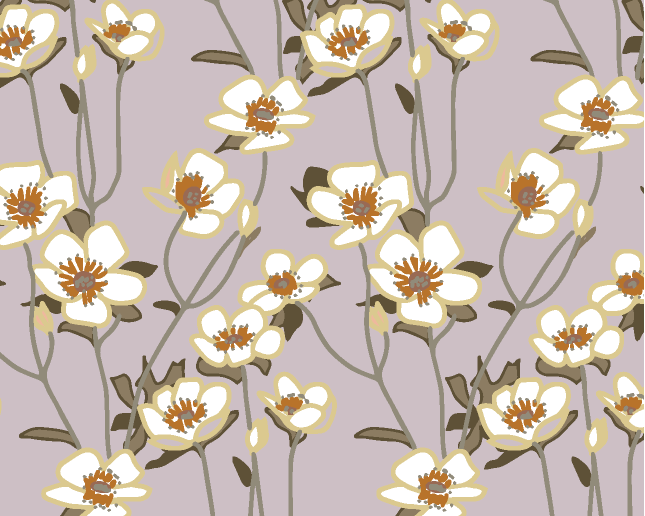 A repeating floral pattern featuring small white flowers with yellow centers and thin gray stems on a light lavender-gray background.