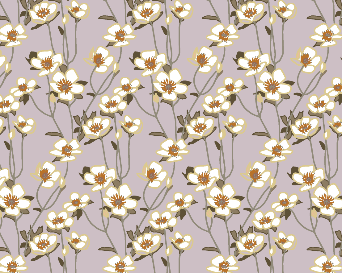 A repeating floral pattern featuring small white flowers with yellow centers and thin gray stems on a light lavender-gray background.
