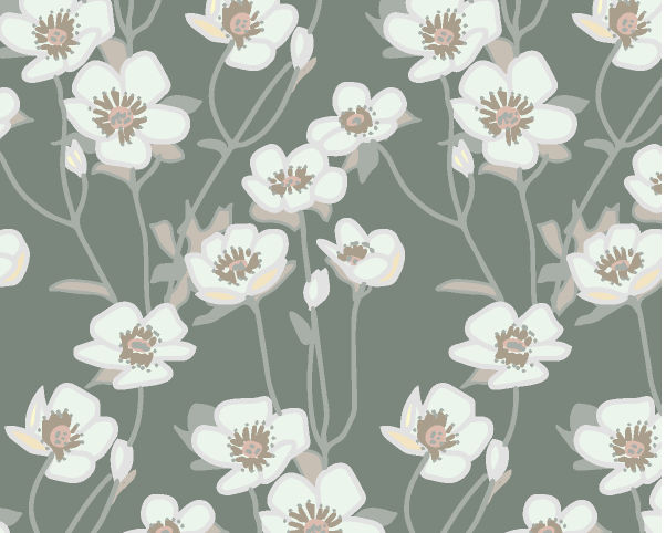 A repeating floral pattern featuring white flowers with brown centers and light gray stems on a muted sage green background.