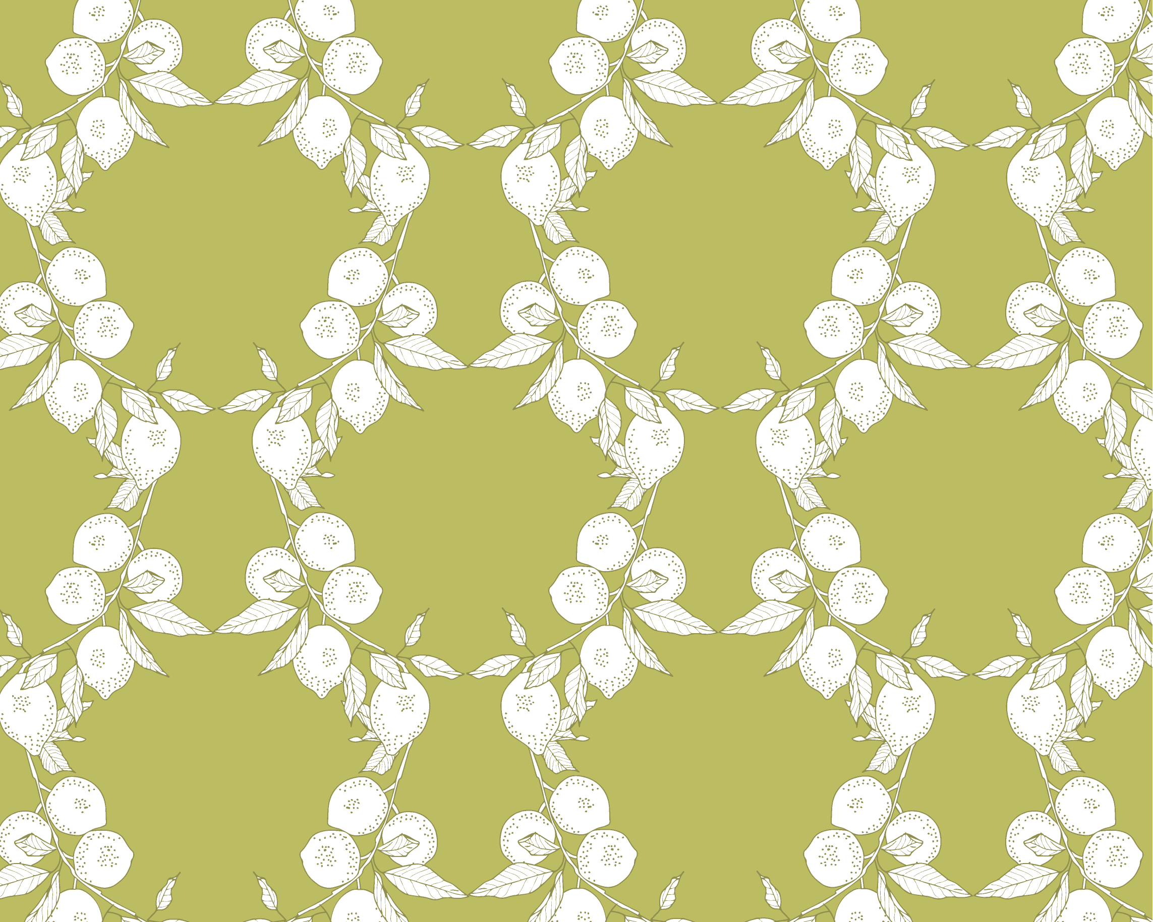 A repeating floral pattern featuring white cherry blossoms and leaves on a muted olive green background.