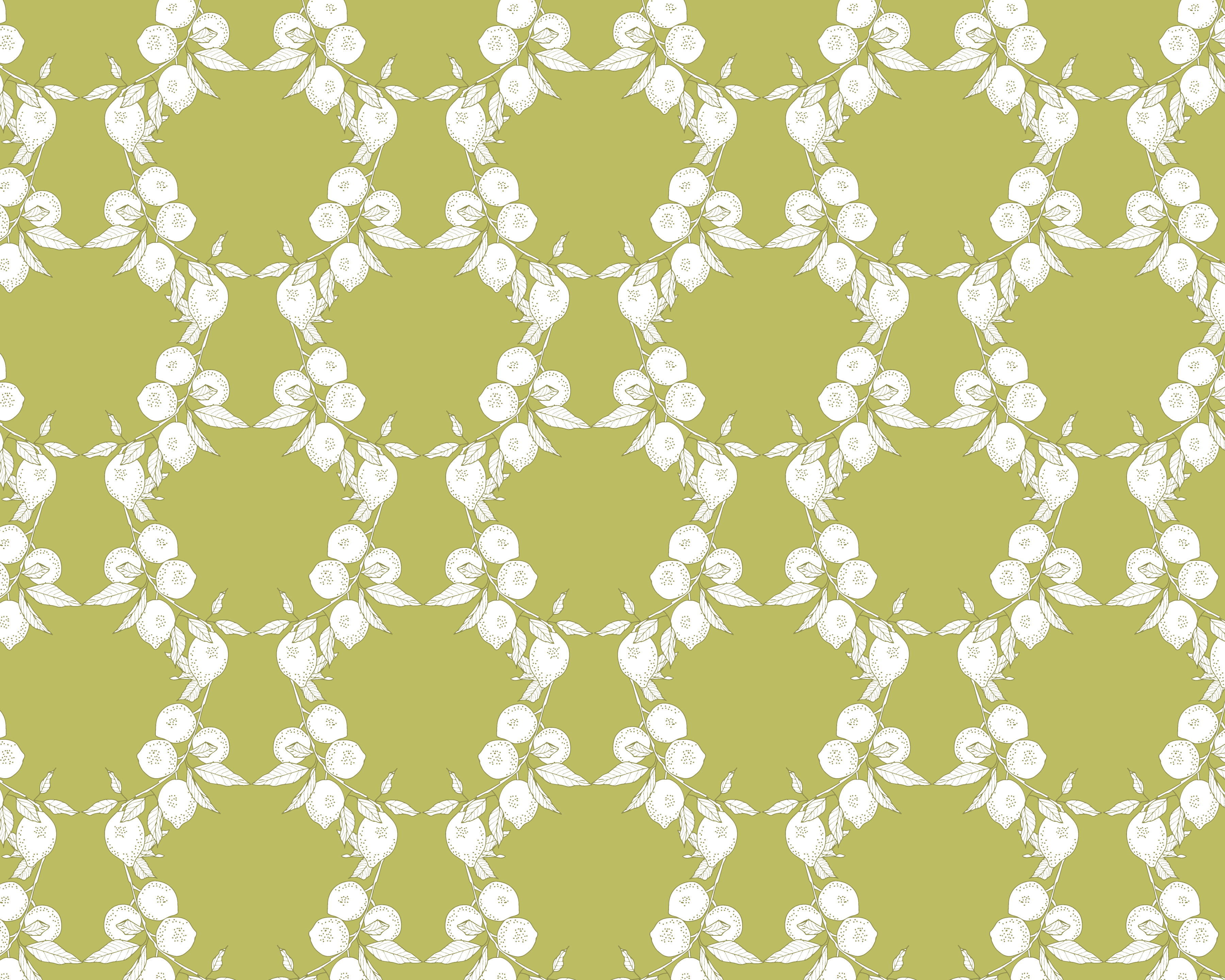 A repeating floral pattern featuring white cherry blossoms and leaves on a muted olive green background.