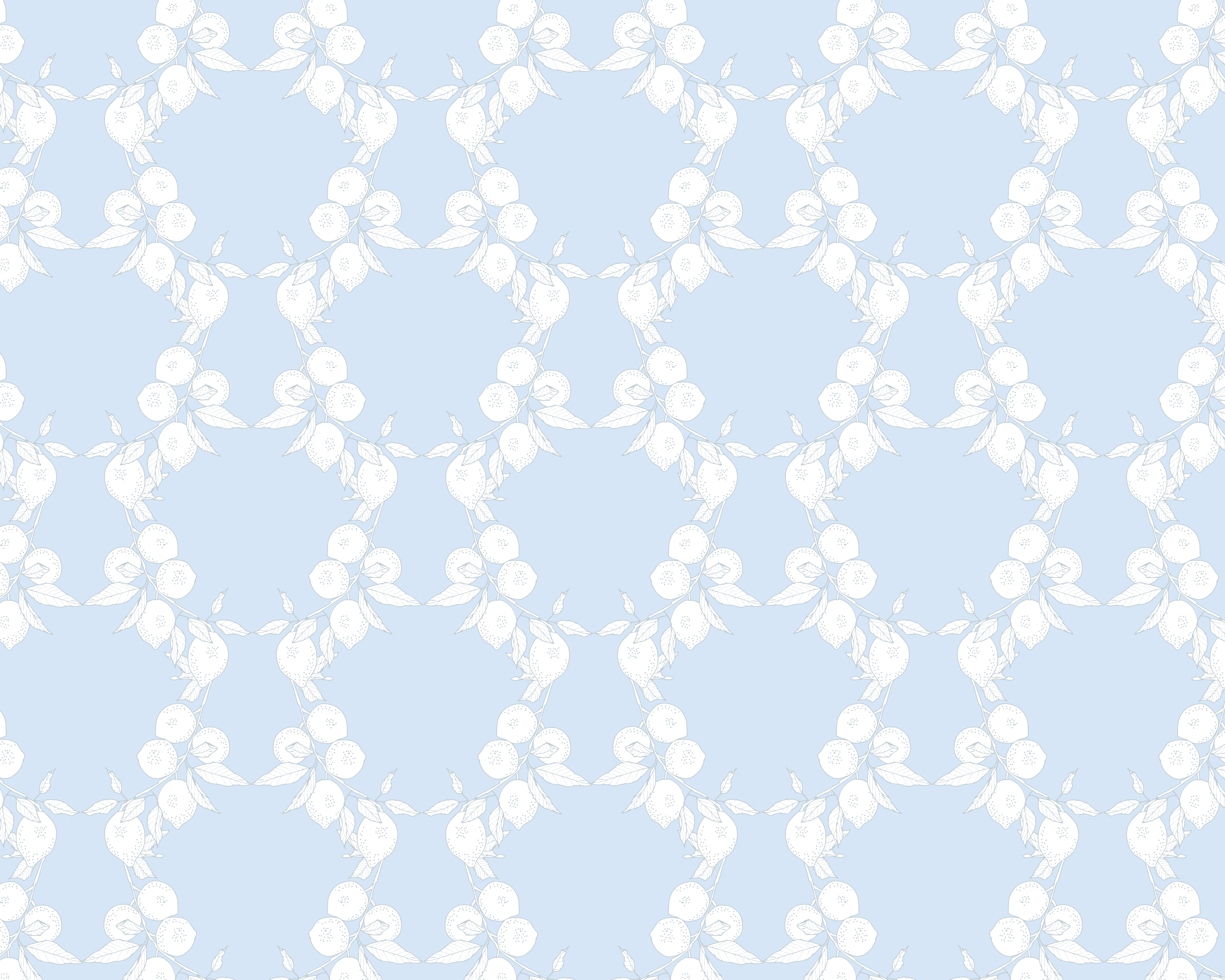 A seamless repeating pattern of white cherry blossoms and leaves on a light blue background.