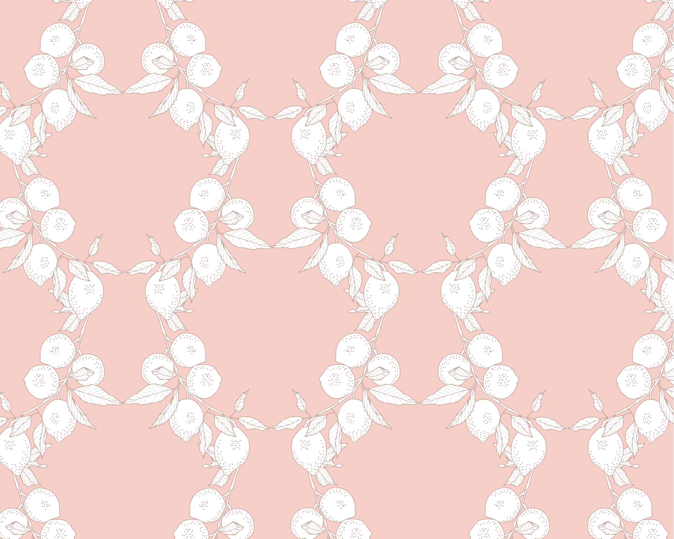 A repeating floral pattern featuring white rosebuds and leaves on a soft pink background.