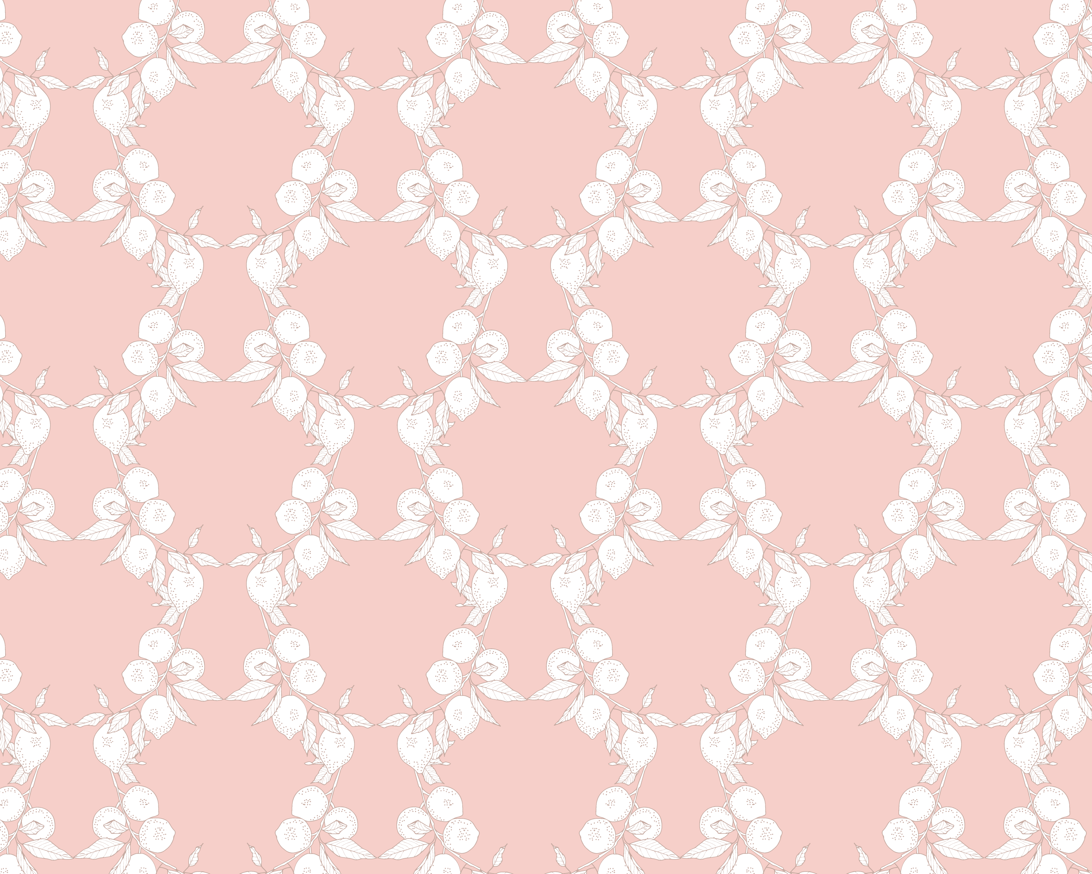 A repeating floral pattern featuring white rosebuds and leaves on a soft pink background.