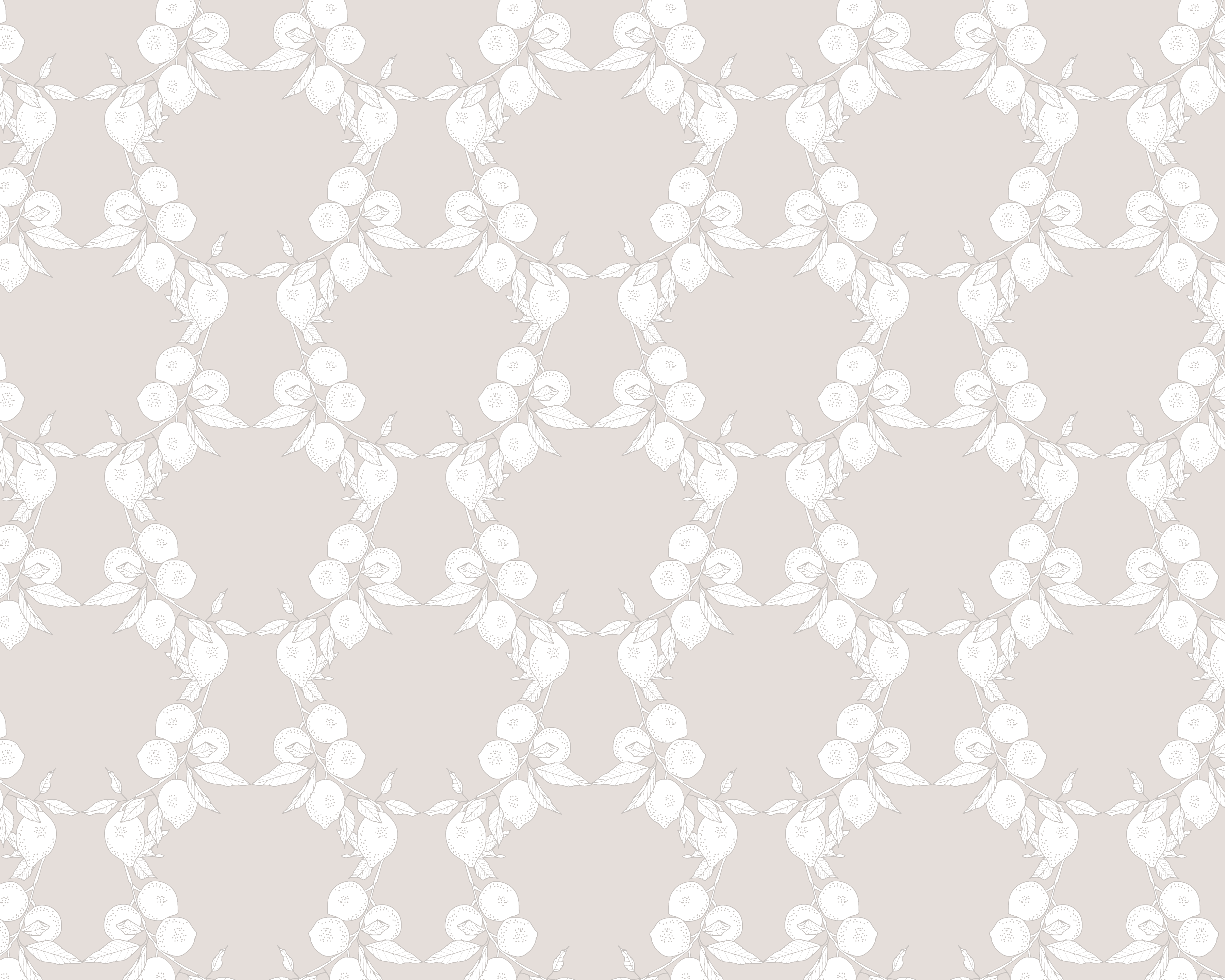 A seamless repeating pattern of delicate white floral and leaf motifs arranged in a diamond lattice over a soft warm beige background.