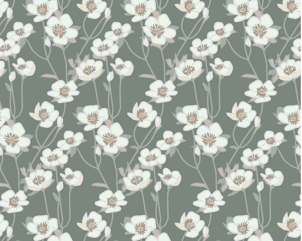 A repeating floral pattern featuring small white flowers with beige centers and delicate stems on a muted sage green background.
