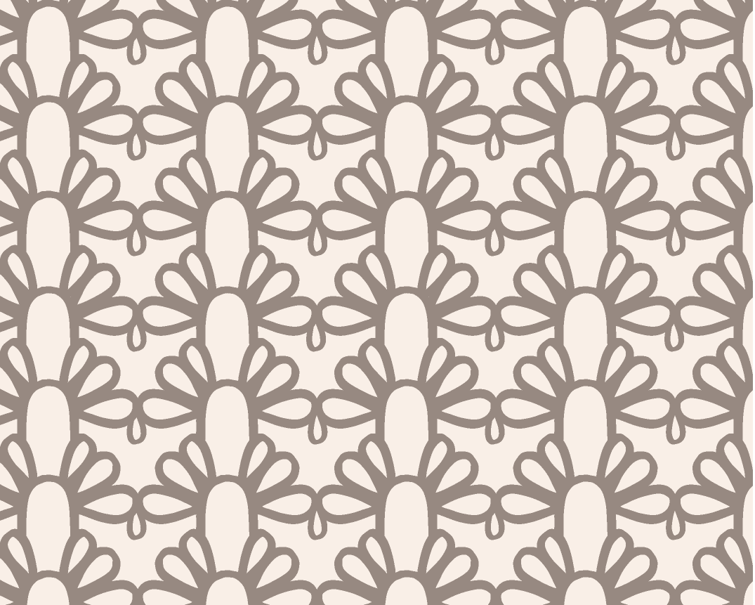 A close-up of a repeating fabric or wallpaper pattern featuring vertical columns of small beige and taupe floral or scroll motifs on a warm off-white background.