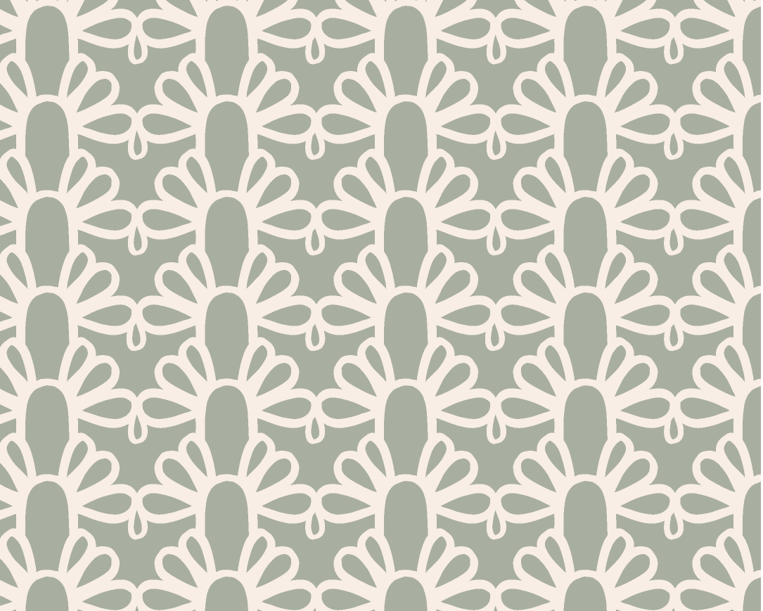 A repeating geometric pattern featuring cream-colored stylized floral or leaf motifs on a muted sage green background.