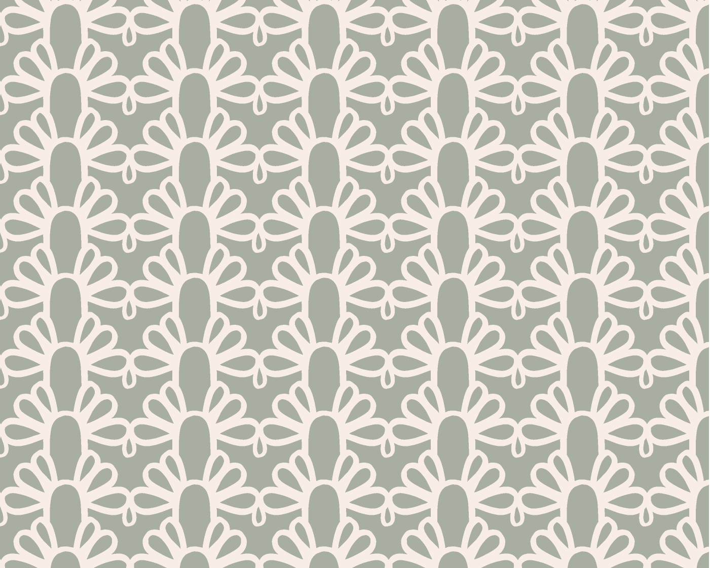 A repeating geometric pattern featuring cream-colored stylized floral or leaf motifs on a muted sage green background.
