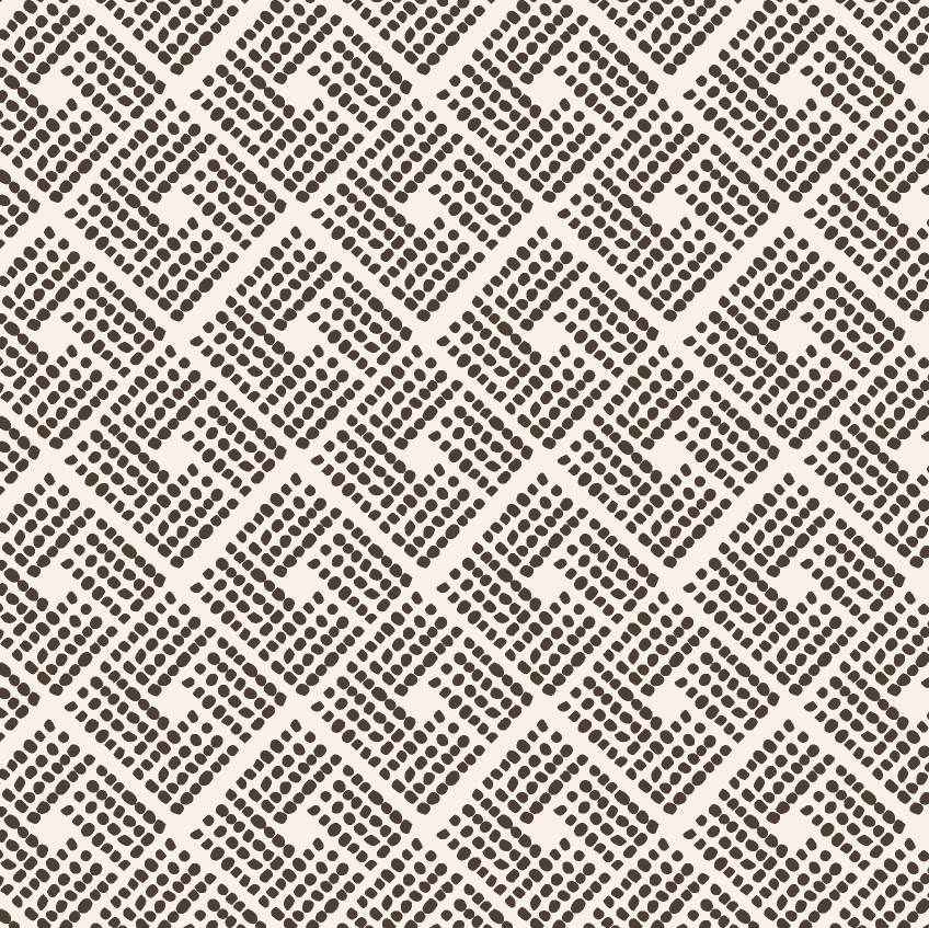 A repeating geometric pattern of small dark brown dots arranged in diagonal rows on a warm off-white background.