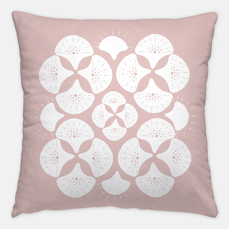 Neutral Coastal Hoe Decor. Tan and Beige throw pillow in Sand Dollar Sea Star Print.  Hand Stamped home textiles for luxury interior designers by Noble Winter.