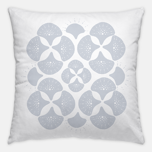 Hand Stamped Fabric Throw Pillow in Blue and White Coastal Print for Beach Home Decor by Noble Winter.