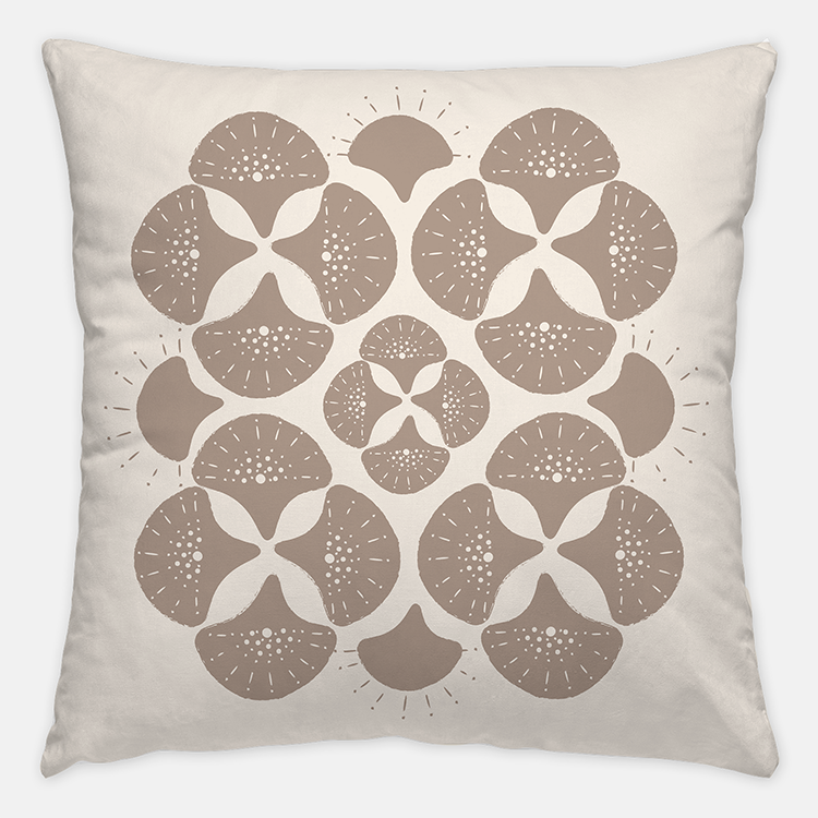 Neutral Coastal Hoe Decor. Tan and Beige throw pillow in Sand Dollar Sea Star Print.  Hand Stamped home textiles for luxury interior designers by Noble Winter.