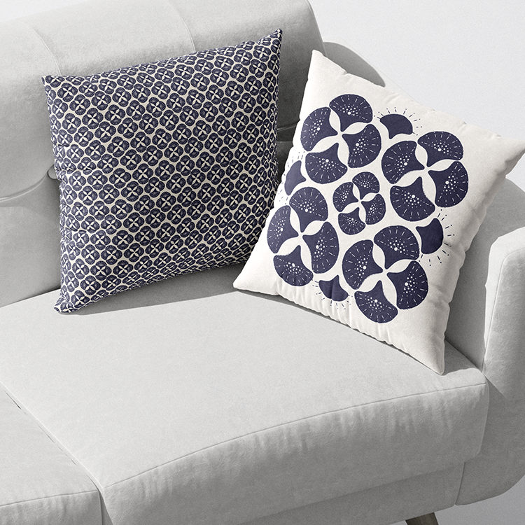 Hand Stamped Fabric Throw Pillow in Navy Blue and White Coastal Print for Beach Home Decor by Noble Winter.
