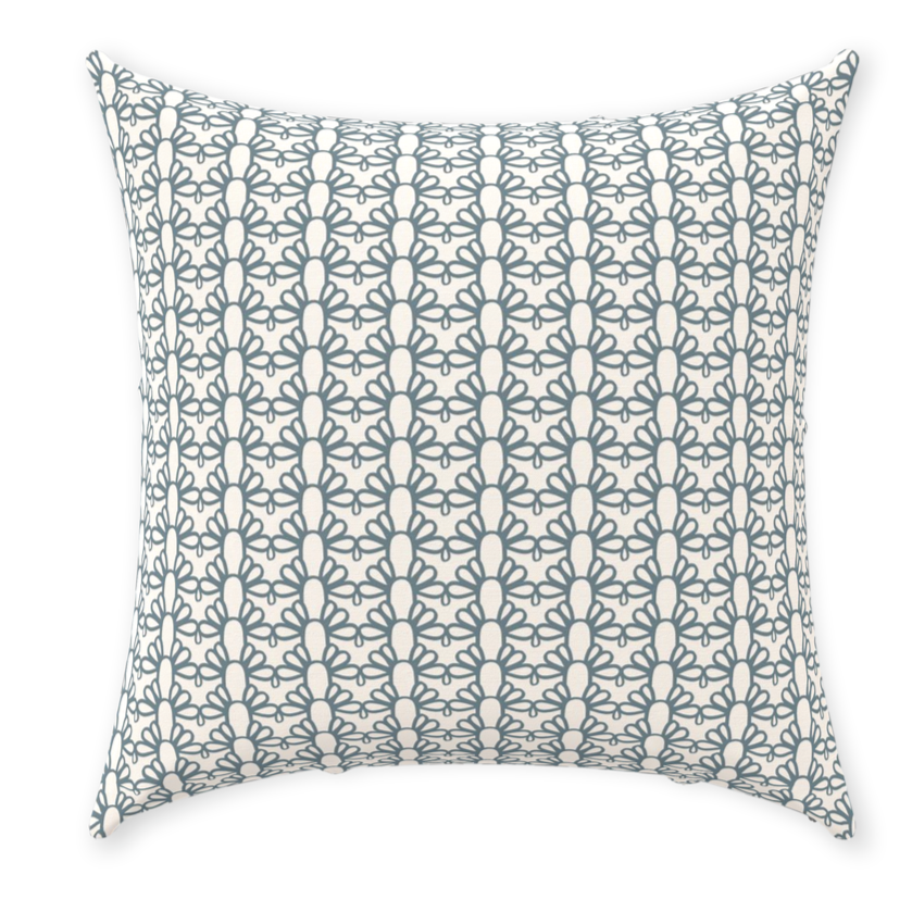Sea Blue Throw pillow in Fountain arch. Blue and beige pillow with vegan down pillow insert. Original home textiles made in Nashville. Coastal home decor.